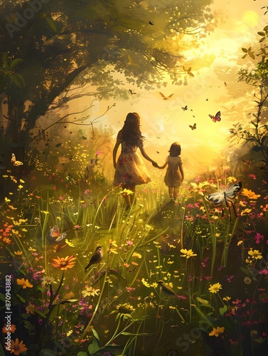 A serene scene of a mother and child walking hand in hand through a sunlit meadow filled with blooming wildflowers. Butterflies flutter around them, and birds sing from nearby trees. The mother is