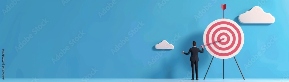 Businessman aiming at a large target with an arrow on a blue background, symbolizing goal setting, achievement, and success in business. Businessman aiming at a large target with an arrow on a blue background, symbolizing goal setting, achievement, and success in business.