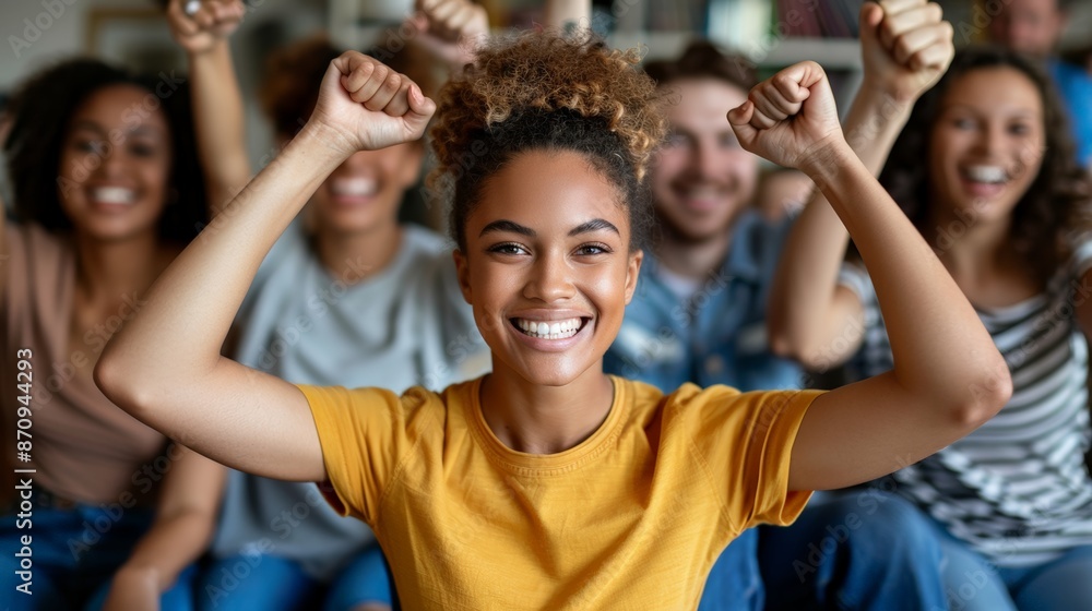 Diverse group young adults cheering celebrating success. Happy, enthusiastic expressions, indoor setting, casual attire, teamwork, diversity, achievement, unity, positive energy. Diverse group young adults cheering celebrating success. Happy, enthusiastic expressions, indoor setting, casual attire, teamwork, diversity, achievement, unity, positive energy.