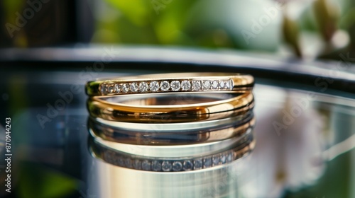 /imagine A minimalist gold band with a row of channel-set diamonds, resting on a reflective glass surface with a bokeh effect in the background. photo