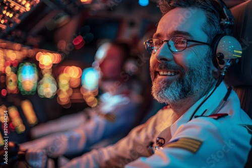 Smiling senior pilot in cockpit, bright and warm lighting enhances atmosphere. Reflects joy and passion for flying, highlighting camaraderie and teamwork among experienced aviators. © Thaniya