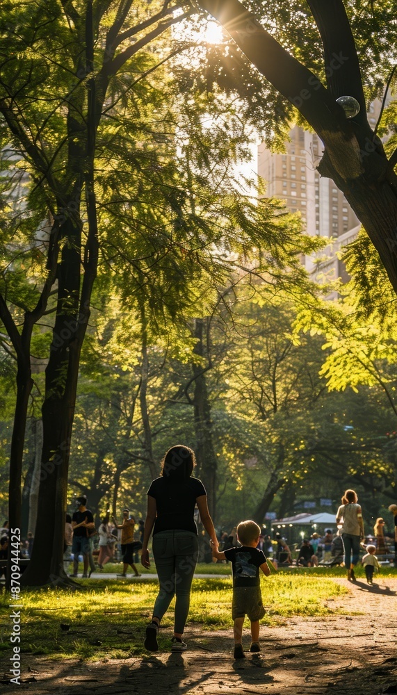 Mother and Child Walking Hand in Hand Through Bustling City Park Under Tall Trees Mother and Child Walking Hand in Hand Through Bustling City Park Under Tall Trees