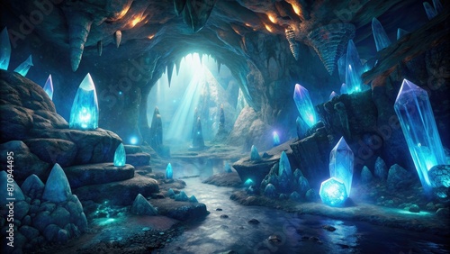 Mystical crystal cave with glowing blue light.