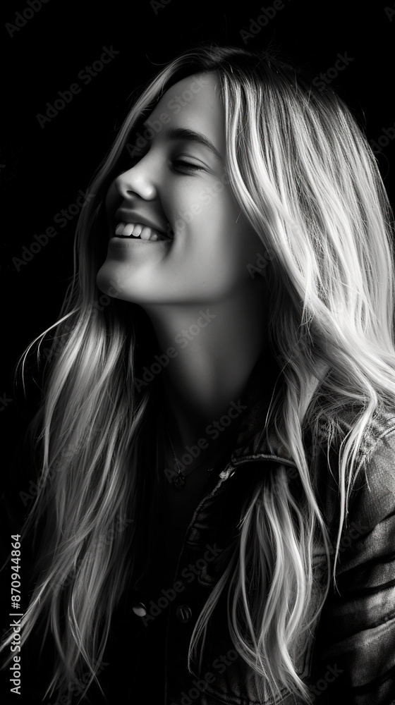 Portrait of a beautiful young woman in profile on a black background. Black and white photo. Low key. Close-up. Portrait of a beautiful young woman in profile on a black background. Black and white photo. Low key. Close-up.