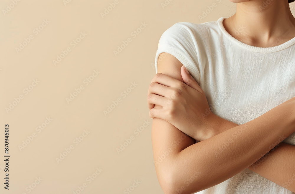 A woman is wearing a white shirt and has her arms crossed by AI generated image A woman is wearing a white shirt and has her arms crossed by AI generated image