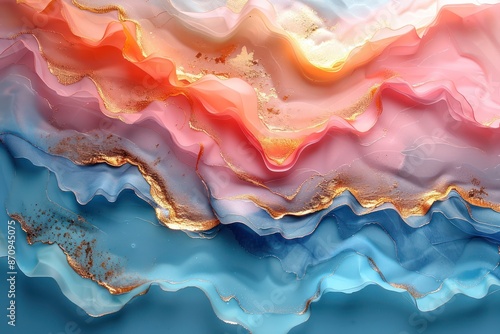 Abstract layered waves in pink, blue, and gold