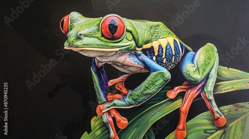Exotic red-eyed tree frog resting on lush green foliage photo