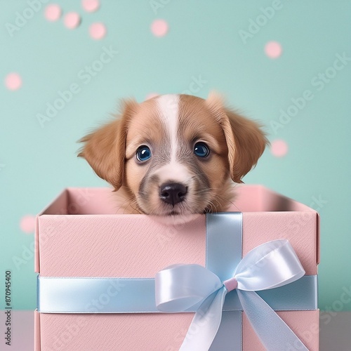 A puppy with cute sweet eyes peeking out of a gift box; christmas present, birthday anniversary gift; pastel colors