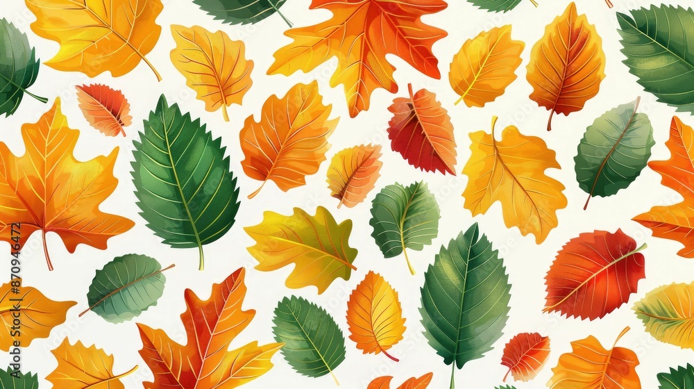 Fototapeta premium A vibrant pattern of autumn and green leaves in various shapes and colors on a white background, perfect for seasonal and nature-themed designs.