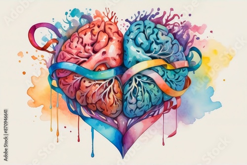 Watercolor illustration of human heart and brain connected by flowing ribbons, emotions and mental health background.