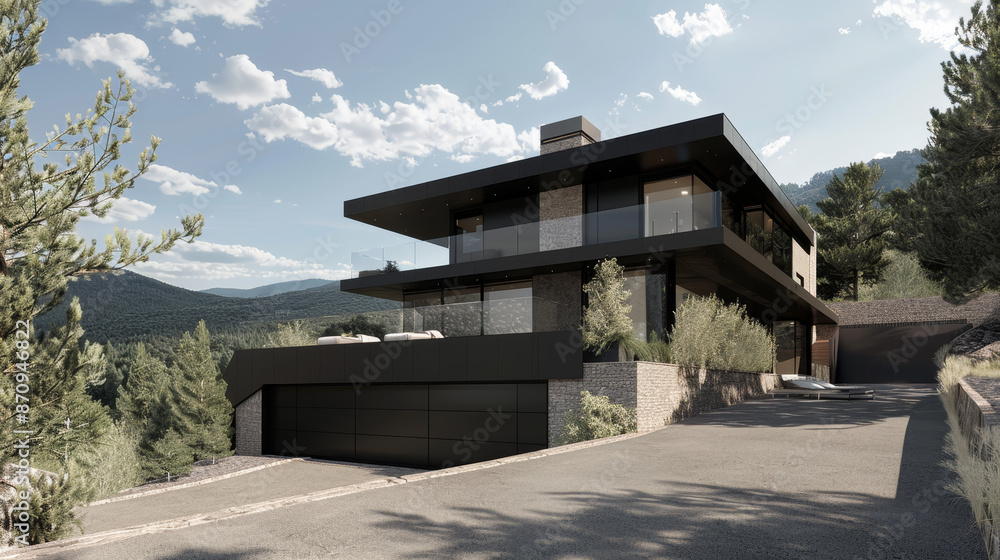 Realistic photograph of dark tone modern residential project design. Exterior view of contemporary private resort in natural landscape. Realistic photograph of dark tone modern residential project design. Exterior view of contemporary private resort in natural landscape.