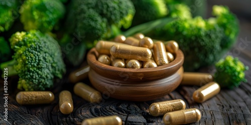 B12 supplement capsules derived from natural sources like meat and broccoli. Concept Vitamin B12, Supplements, Natural Sources, Meat, Broccoli photo
