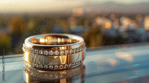 /imagine A striking ring featuring a band of polished gold with a diamond-encrusted overlay, resting on a glass surface with a blurred cityscape in the background. photo