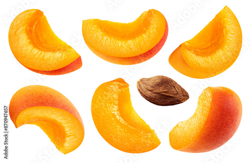 Set of apricot slices isolated on a transparent background, from different angles.