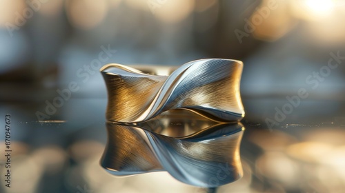 /imagine A unique, asymmetrical ring crafted from a combination of brushed silver and gold, set on a reflective surface with soft, diffused light. photo