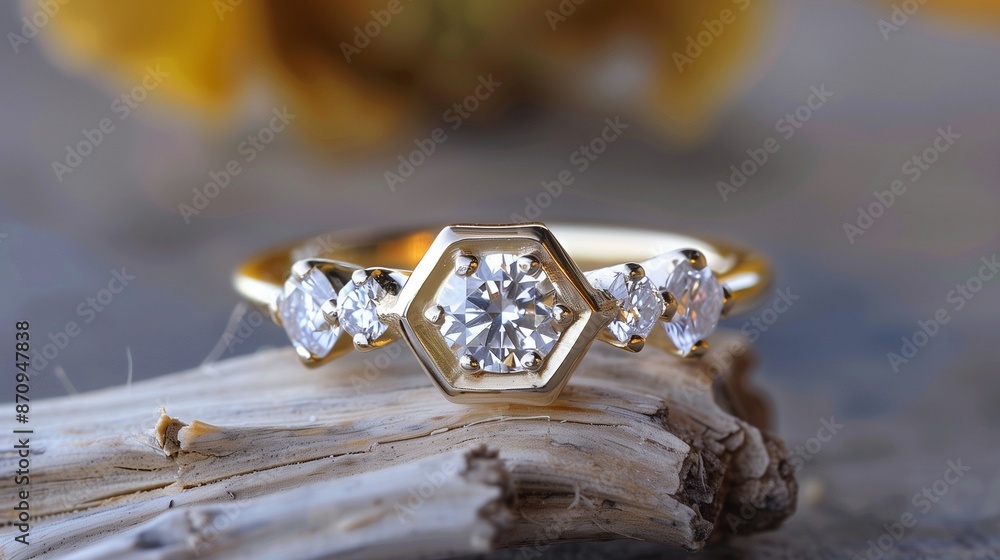 /imagine A unique gold ring with a hexagonal diamond in the center, surrounded by small round diamonds, displayed on a piece of driftwood, creating a natural and elegant contrast. /imagine A unique gold ring with a hexagonal diamond in the center, surrounded by small round diamonds, displayed on a piece of driftwood, creating a natural and elegant contrast.