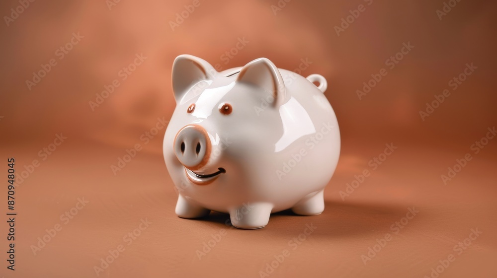 White ceramic piggy bank on a brown background White ceramic piggy bank on a brown background