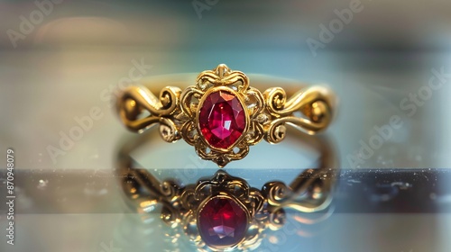 /imagine A vintage-inspired gold ring with an oval ruby centerpiece, surrounded by intricate scrollwork, lying on a reflective glass table. photo