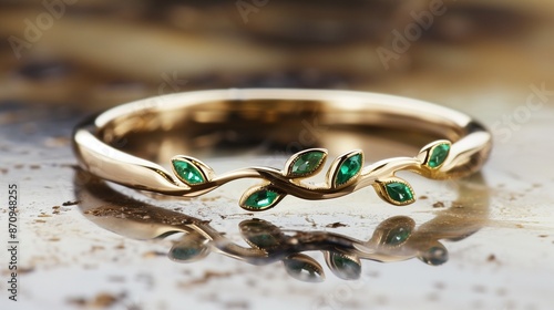 /imagine An elegant gold band with a delicate vine motif, accented with emerald leaves, resting on a polished marble surface. photo