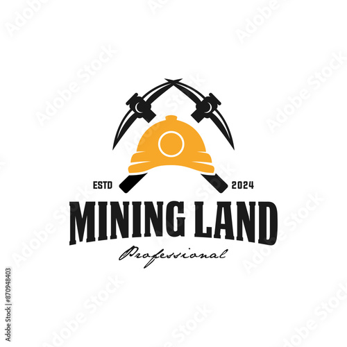 Mining logo with hard hat helmet and two crossed axes. retro style vector.