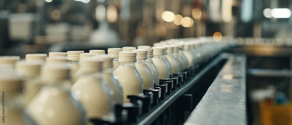 AI generator image of Factory interior of beverage, Production line of manufacturing and packaging juice products, Close up, Glass bottles with screw caps standing on a conveyor belt. AI generator image of Factory interior of beverage, Production line of manufacturing and packaging juice products, Close up, Glass bottles with screw caps standing on a conveyor belt.