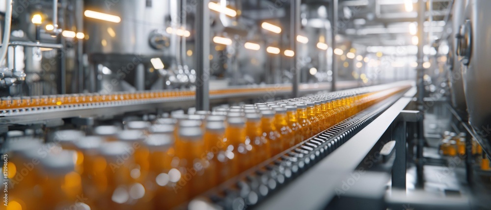 AI generator image of Factory interior of beverage, Production line of manufacturing and packaging juice products, Close up, Glass bottles with screw caps standing on a conveyor belt. AI generator image of Factory interior of beverage, Production line of manufacturing and packaging juice products, Close up, Glass bottles with screw caps standing on a conveyor belt.