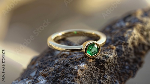 /imagine An exquisite gold ring with a bezel-set emerald, displayed on a piece of rough stone, juxtaposing the ring's refined beauty with natural textures. photo