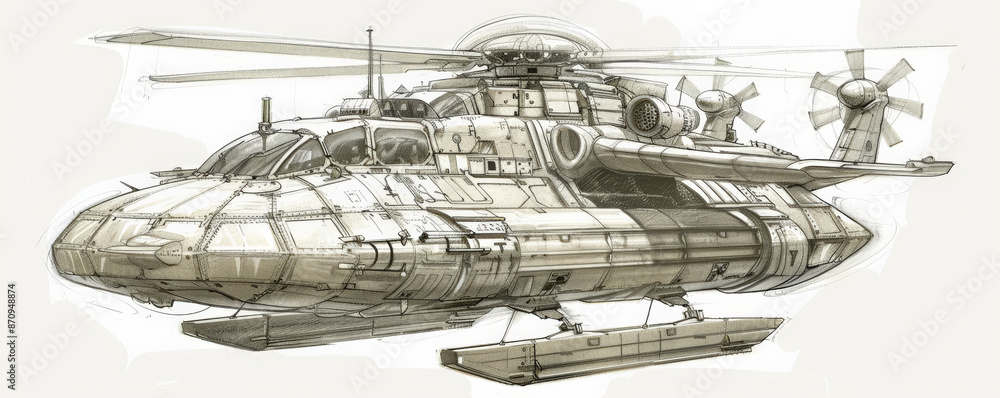Obraz premium A detailed sketch of a military hovercraft, featuring its air cushion system, propellers, and cargo bay. The white background emphasizes the vehicle's design and amphibious capabilities.