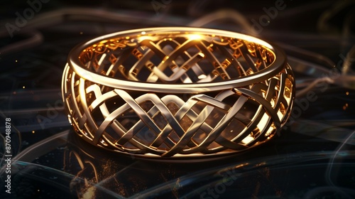 /imagine An opulent gold ring featuring an intricate Celtic knot design, set against a dark, moody background with dramatic lighting to enhance the details. photo