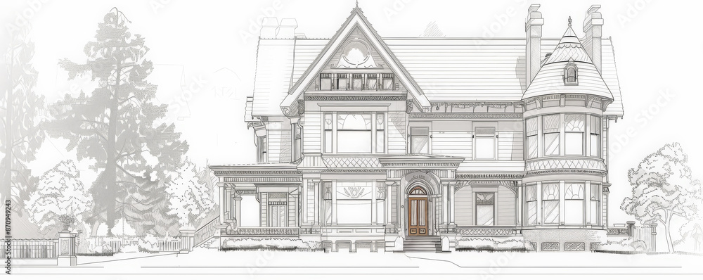 Obraz premium A detailed sketch of a Victorian-era townhouse, with ornate trim, bay windows, and a steep gabled roof. The white background emphasizes the intricate and historic details of the architecture.