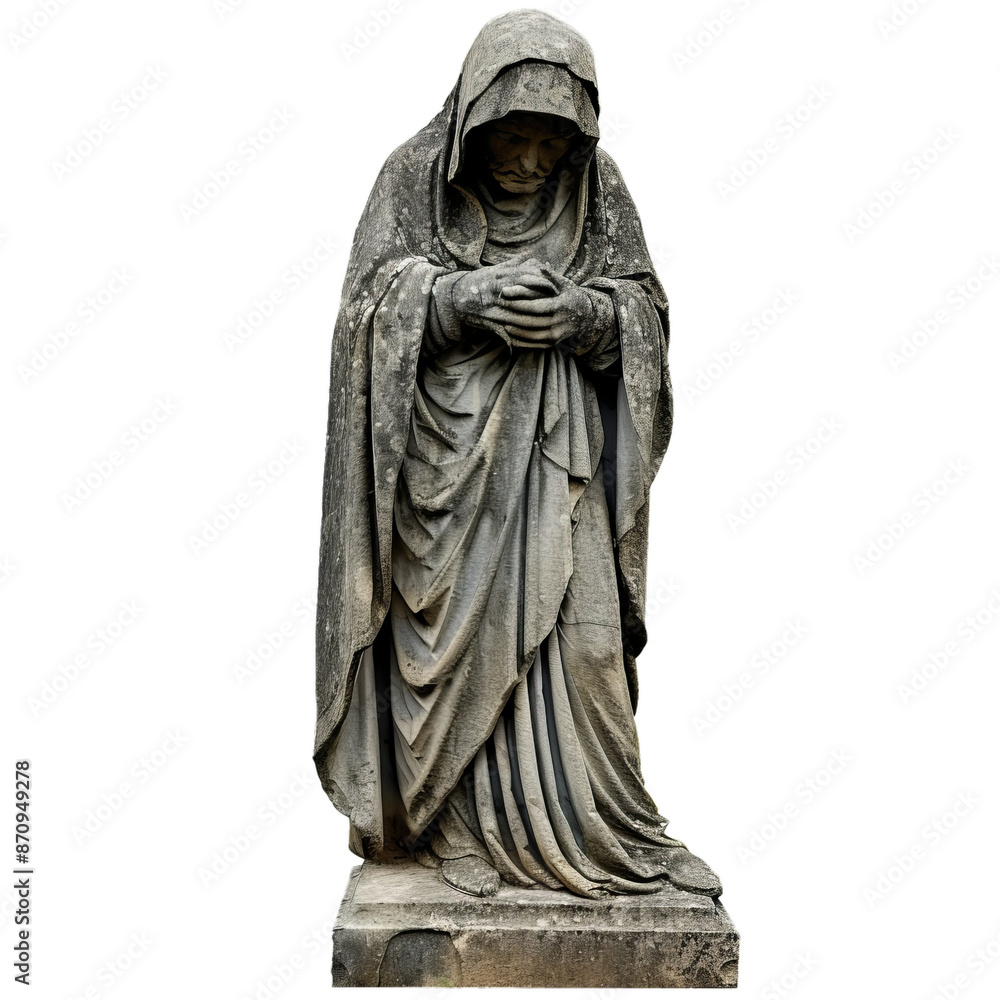 Obraz premium Carved stone statue of a draped, sorrowful figure isolated on a transparent background