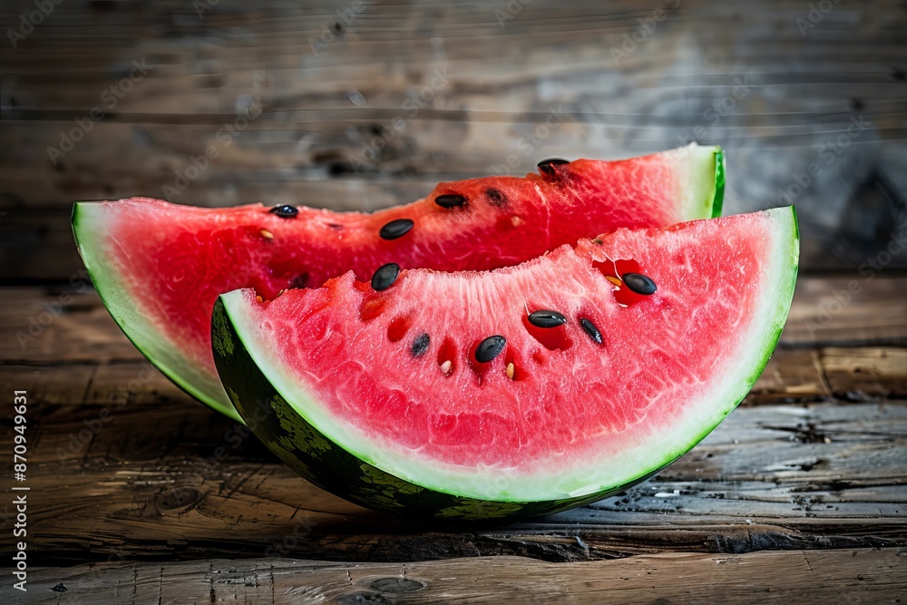 Two slices of fresh watermelon on rustic wooden table Two slices of fresh watermelon on rustic wooden table