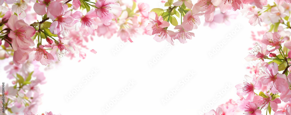 A frame made of delicate cherry blossom branches with pink flowers, isolated on a white background. The soft petals and green leaves form a beautiful, springtime border. A frame made of delicate cherry blossom branches with pink flowers, isolated on a white background. The soft petals and green leaves form a beautiful, springtime border.