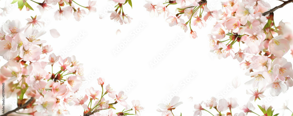 A frame made of delicate cherry blossom branches with pink flowers, isolated on a white background. The soft petals and green leaves form a beautiful, springtime border. A frame made of delicate cherry blossom branches with pink flowers, isolated on a white background. The soft petals and green leaves form a beautiful, springtime border.