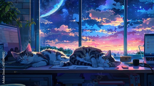 Cute anime style cats are sleeping on the desk in the room. lofi interior concept. photo