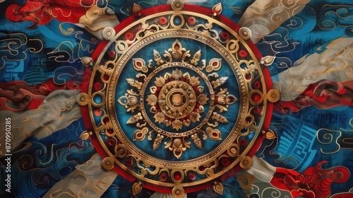 Vibrant Pop Art Illustration of Dharma Wheel Symbolizing Buddhism and Meditation