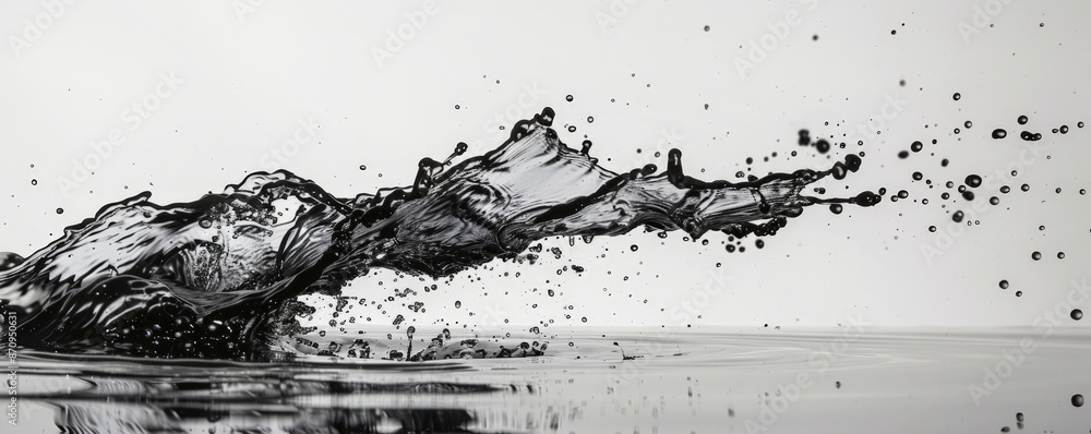 A high-speed photograph of a dramatic water splash, with droplets creating a dynamic and beautiful pattern against a white background. The simplicity of the backdrop focuses attention on the fluidity A high-speed photograph of a dramatic water splash, with droplets creating a dynamic and beautiful pattern against a white background. The simplicity of the backdrop focuses attention on the fluidity