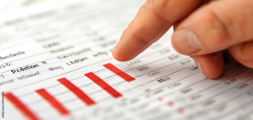 Closeup of a business hand pointing at red highlighted data on paper, focused and professional, business hand spreadsheet, performance review Closeup of a business hand pointing at red highlighted data on paper, focused and professional, business hand spreadsheet, performance review