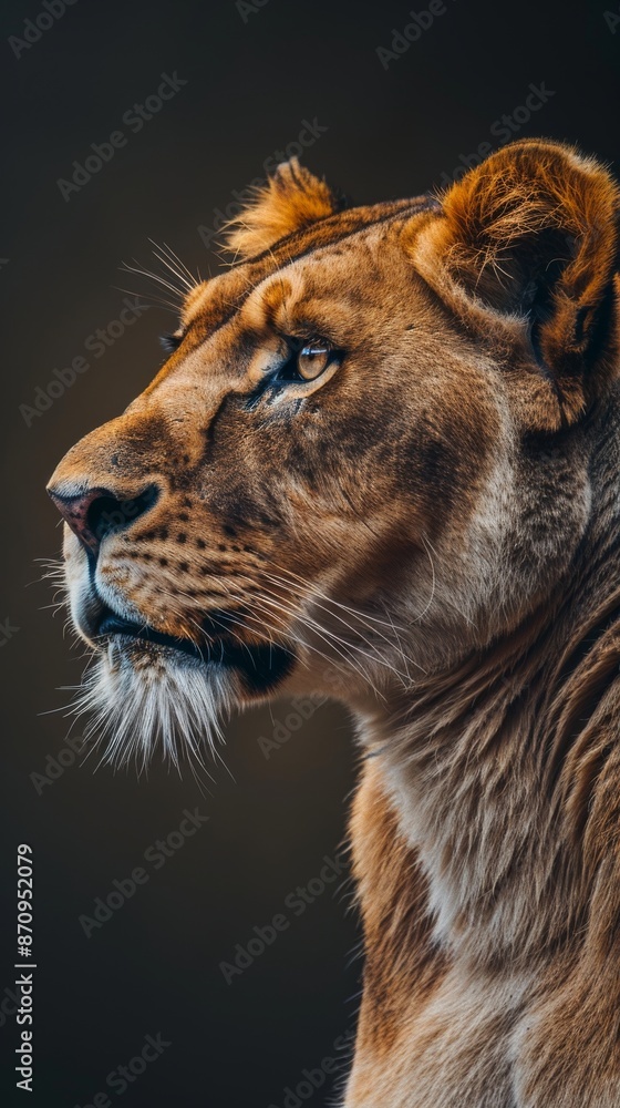 Fototapeta premium Portrait of a lioness looking to the side with intense gaze, dark background