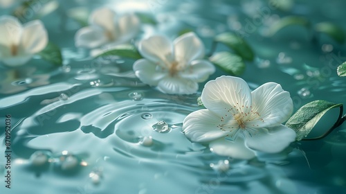 Fresh white flowers in clear water image copy space. Spring season. Gentle blossom and falling drips banner background blurred. Purity of nature concept photography copyspace