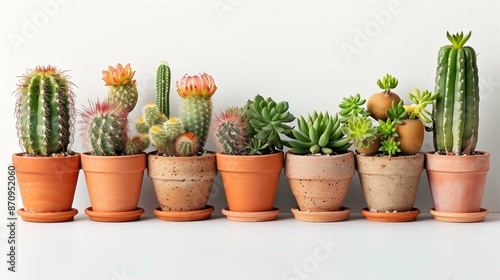 Succulents and blooming cacti in clay post row photo. Exotic plants on houseplant shop display image background wallpaper. Floral elements of home interior concept picture realistic