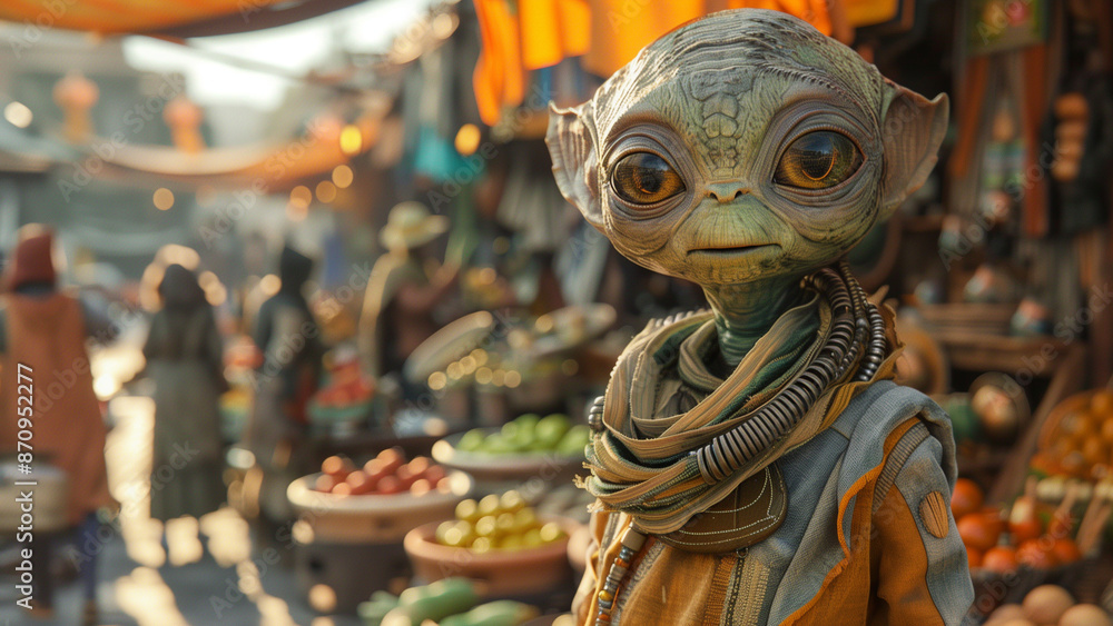 An alien exploring a bustling market on Earth An alien exploring a bustling market on Earth