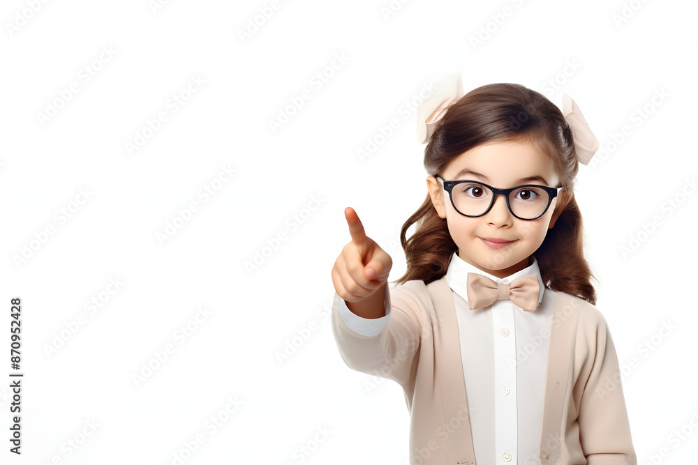 Adorable little girl with glasses, pointing and wearing a bow tie against a clean white background. Child fashion model look. Adorable little girl with glasses, pointing and wearing a bow tie against a clean white background. Child fashion model look.