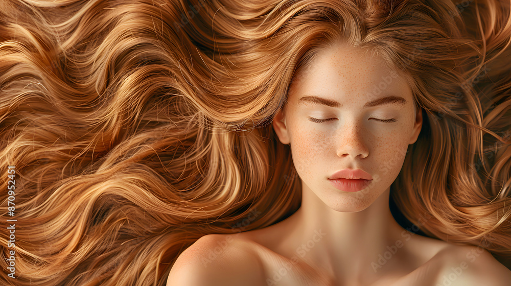 Serene portrait of a young woman with long flowing red hair, lying down with eyes closed, embodying tranquility and natural beauty. Serene portrait of a young woman with long flowing red hair, lying down with eyes closed, embodying tranquility and natural beauty.