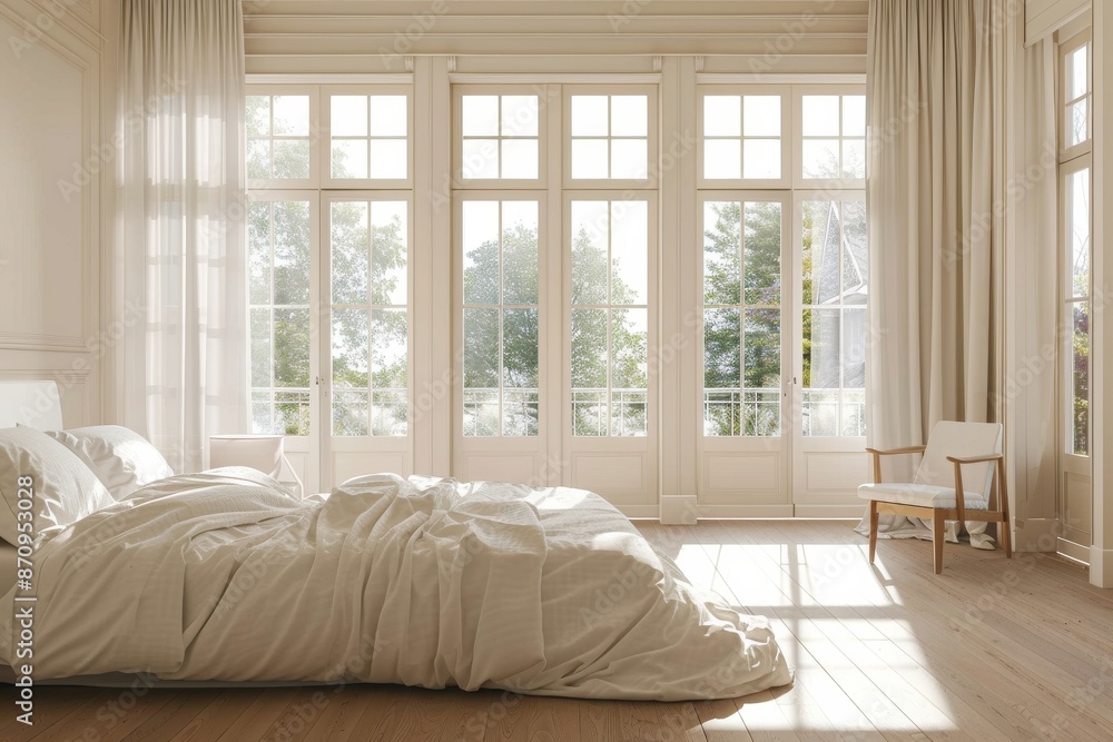 white bedroom interior with large window and wooden floor white bedroom interior with large window and wooden floor