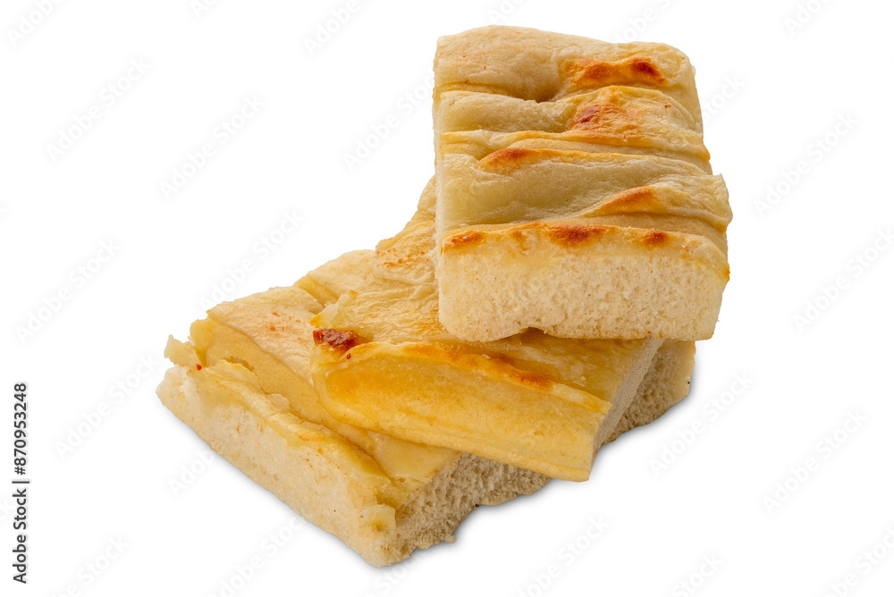 .Focaccia with melted cheese on top, flatbread slices with cheese stacked and isolated .Focaccia with melted cheese on top, flatbread slices with cheese stacked and isolated