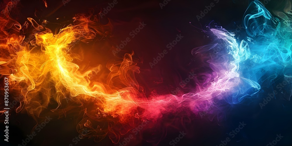 Circular rainbow colored glowing light smoke effect on black background with copy space. Concept Rainbow Smoke Effect, Glowing Lights, Black Background, Copy Space, Circular Pattern Circular rainbow colored glowing light smoke effect on black background with copy space. Concept Rainbow Smoke Effect, Glowing Lights, Black Background, Copy Space, Circular Pattern
