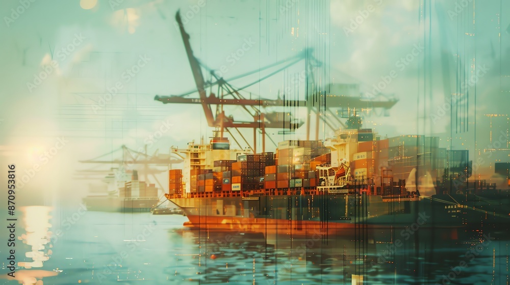 Naklejka premium Cargo ship navigating through a bustling port, selective focus, maritime commerce, realistic, double exposure, harbor backdrop