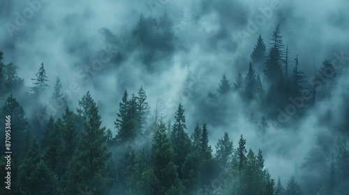 Dense fog rolling over a mysterious forest, focus on, mystical atmosphere, ethereal, multilayer, twilight woods backdrop © Premreuthai