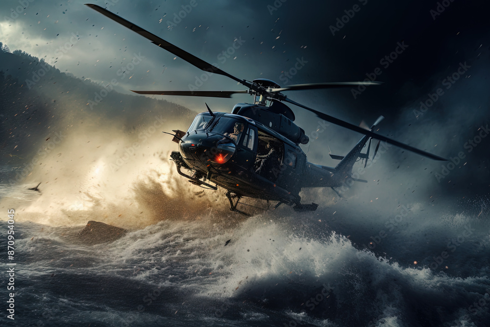 Action shot with helicopter hovering in the air. Dynamic scene in action movie blockbuster style Action shot with helicopter hovering in the air. Dynamic scene in action movie blockbuster style